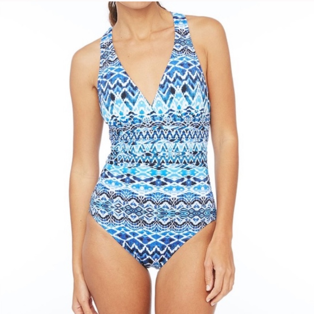 La Blanca Oasis Ikat Multi Strap Cross Back One Piece Swimsuit 8 Blue White